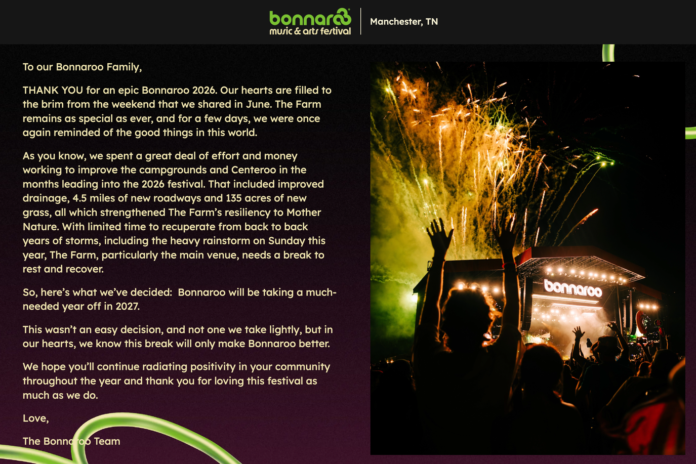 Bonnaroo statement announcing a fallow year for 2027