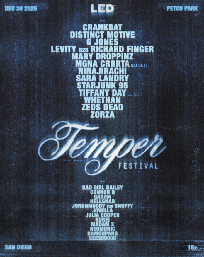 LED Presents Temper Festival lineup poster, Petco Park San Diego, December 30 2026
